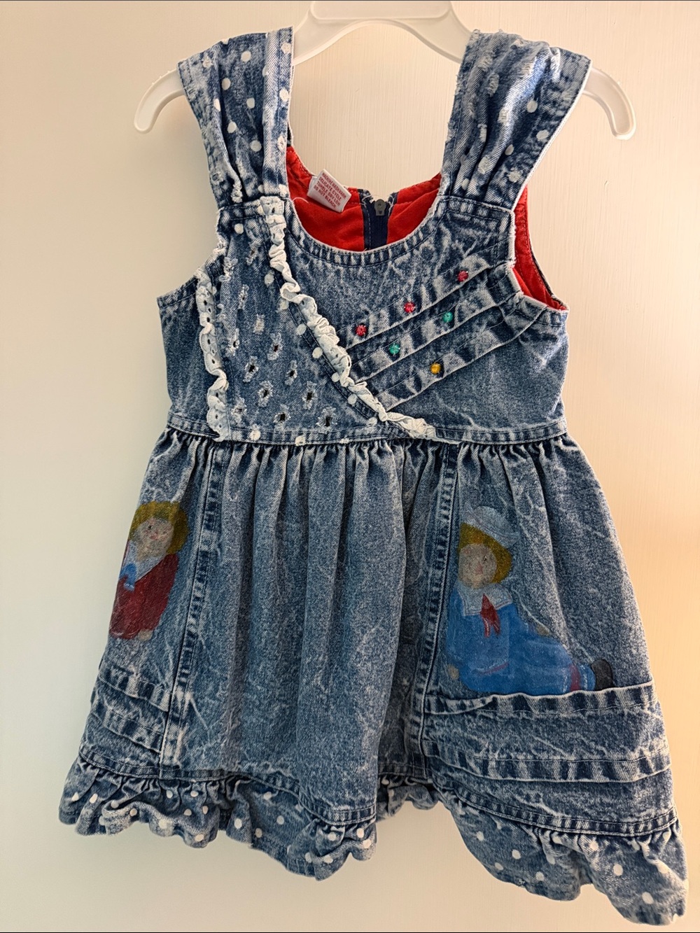 Hand painted Girls Denim Polka Dot Dress with Red Lining